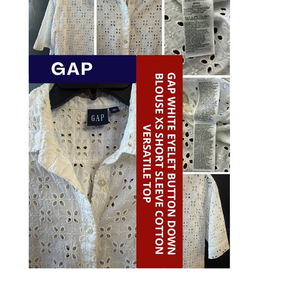 GAP White Eyelet Button Down Blouse XS Short Sleeve Cotton Versatile Top - Picture 12 of 12